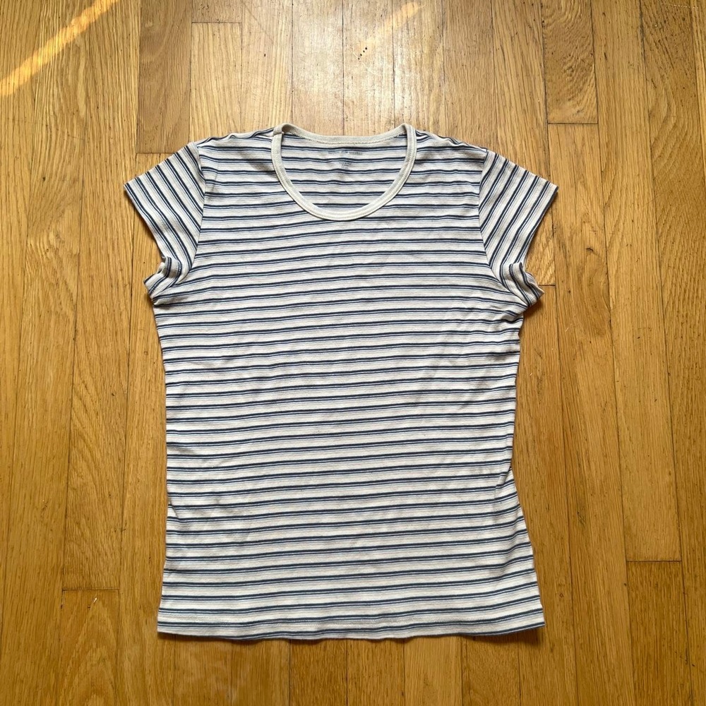 Brandy Melville white & blue horizontal striped baby tee